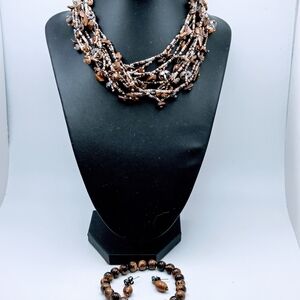 Beaded Layered Necklace Tiger Eye Amber Chips Beaded, Bracelet Earrings Set
